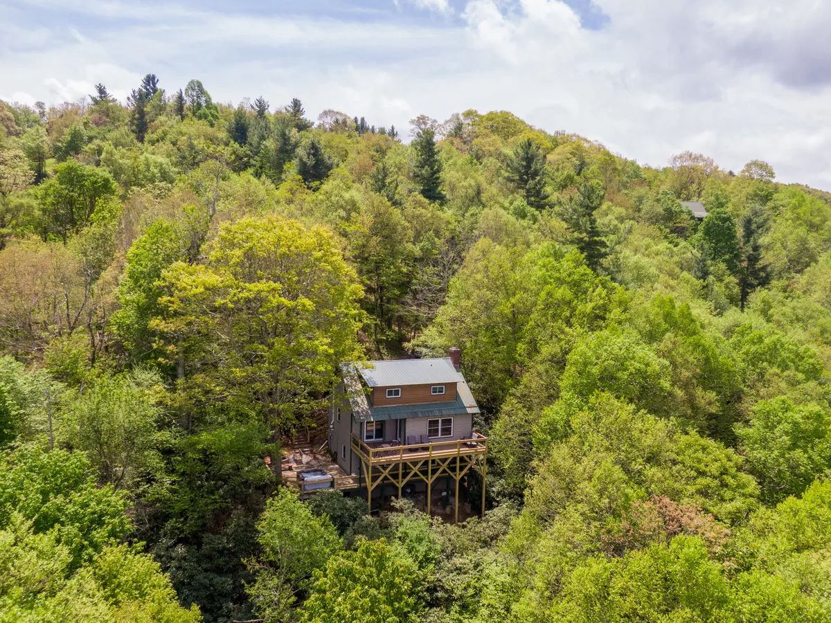 This image features the exterior of the house nestled among tall trees, with a spacious deck area that invites relaxation and connection with the natural surroundings. The scene highlights the tranquility and scenic beauty that families will experience as a base for their adventures.